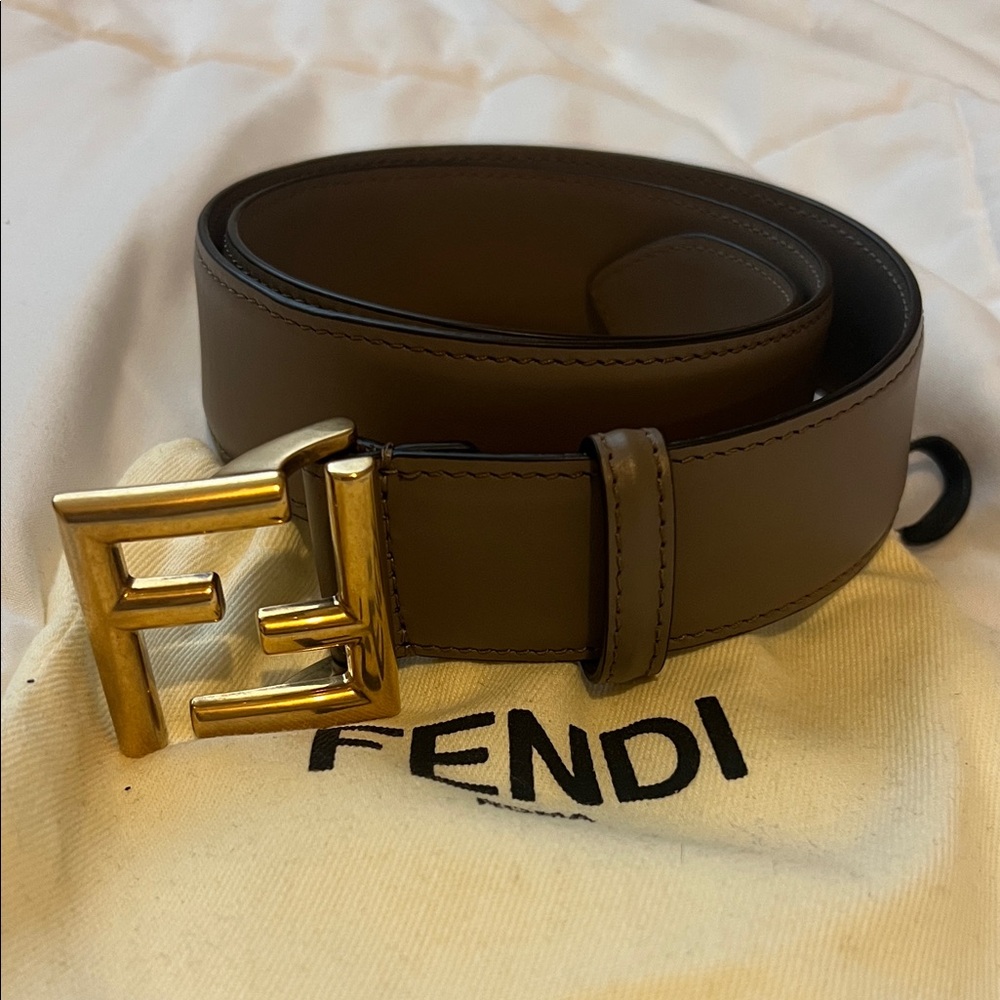 Fendi Brown Leather Belt with Gold F Logo Buckle